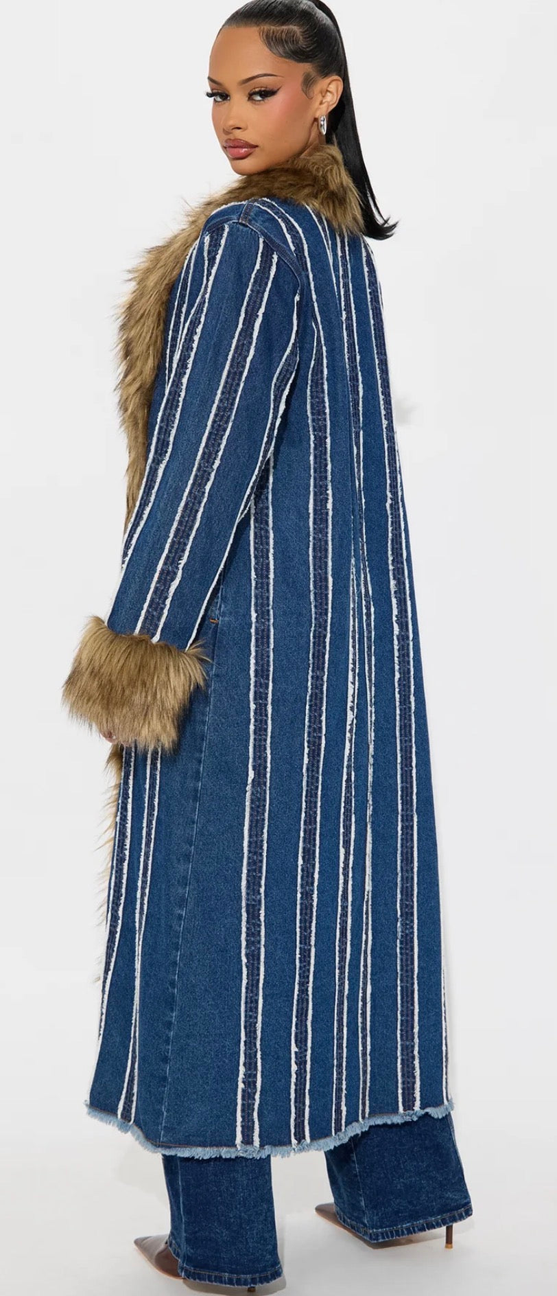 Denim long trench coat