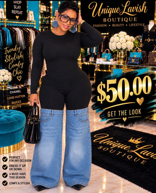 Black jumpsuit with denim bottom