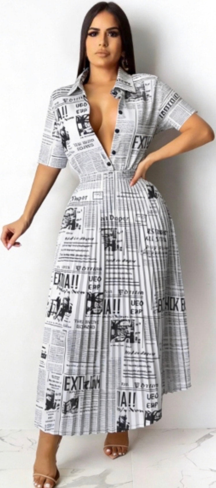 SHORT SLEEVE NEWSPAPER MAXI DRESS