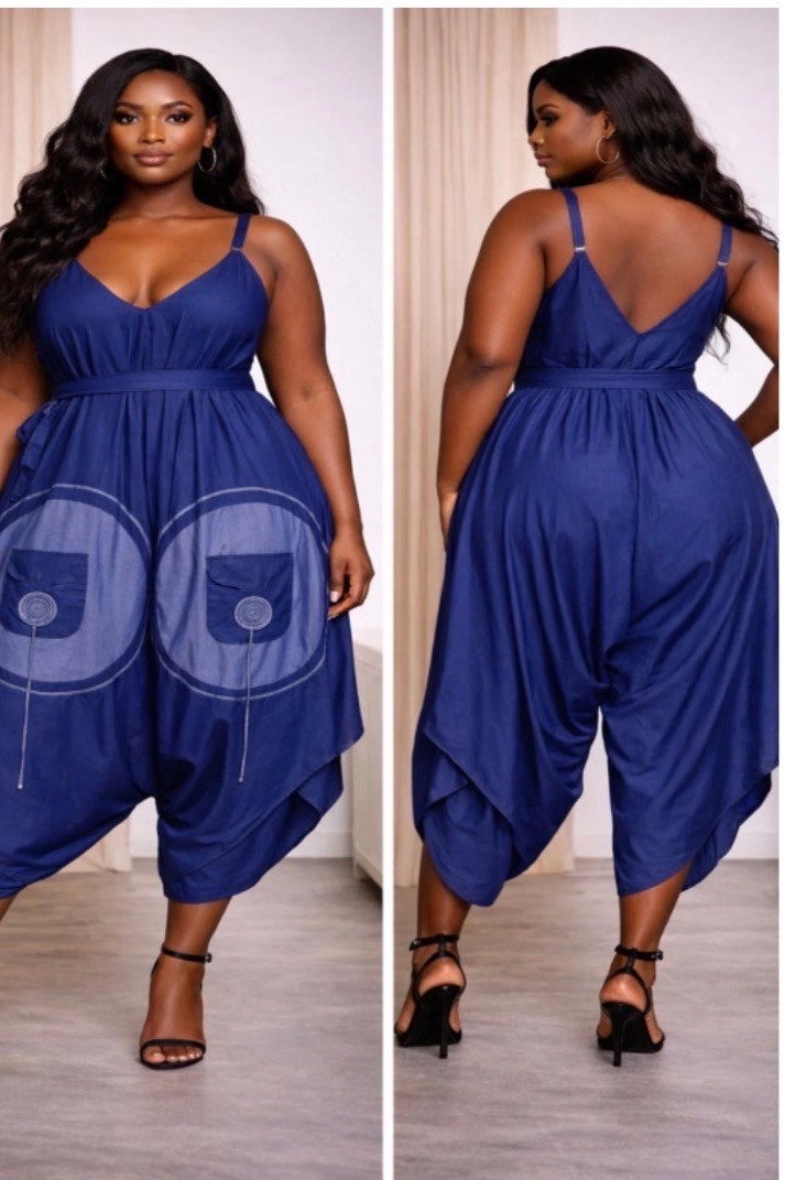 Demin Blue Harem Jumpsuit with Adjustable Straps & Pocket