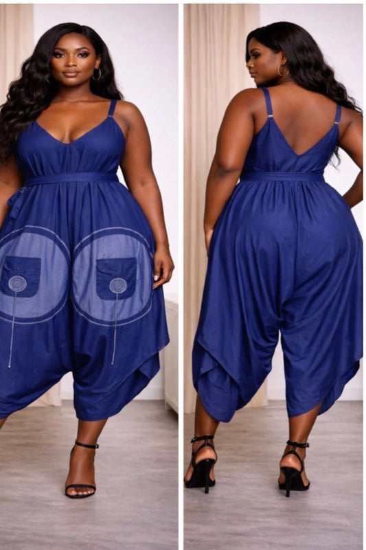 Demin Blue Harem Jumpsuit with Adjustable Straps & Pocket