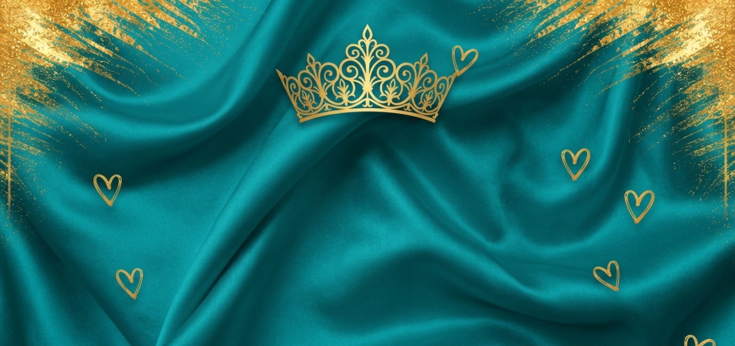 Gold crown on teal fabric with gold heart shapes